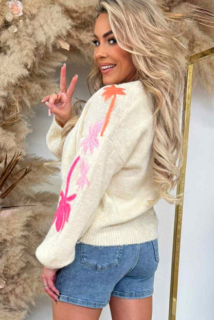 Beige Embroidered Floral Sleeve Round Neck Loose Sweater