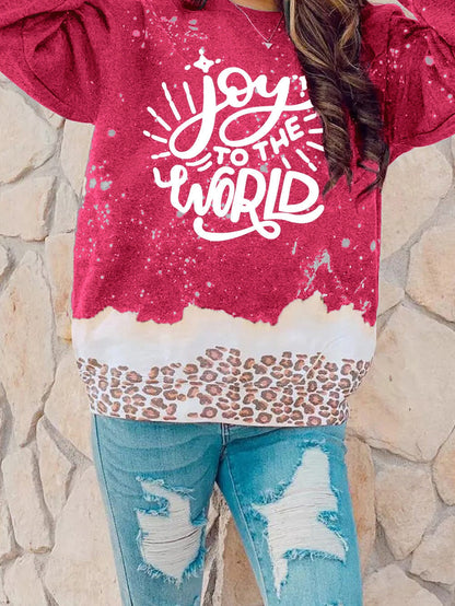 Joyful Leopard Print Red Loose Sweatshirt for Christmas Cheer