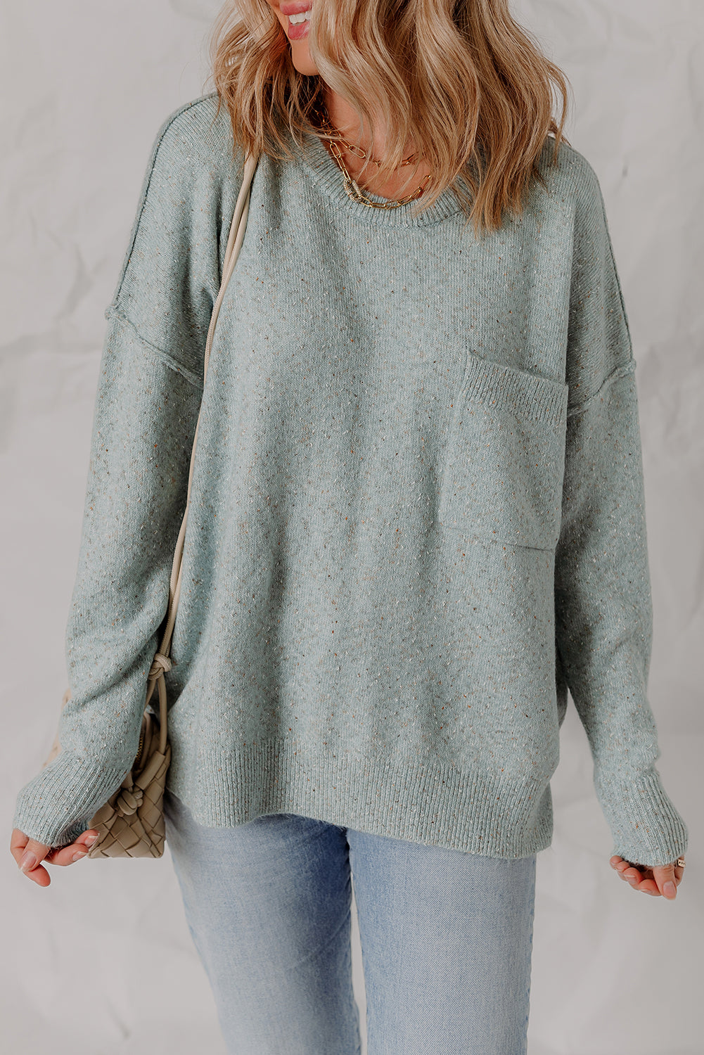 Smoke Green Confetti Knit Ribbed Trim Drop Shoulder Baggy Sweater
