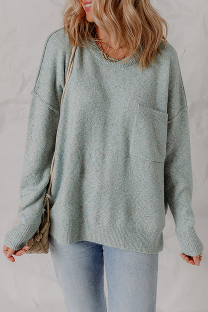 Smoke Green Confetti Knit Ribbed Trim Drop Shoulder Baggy Sweater
