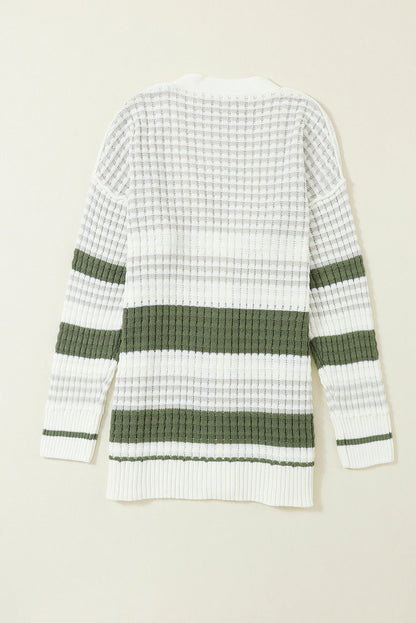 Green Striped Knit Button-Up Cardigan