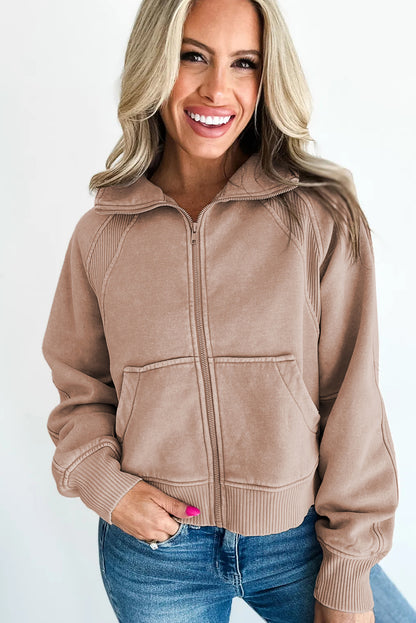 Smoke Gray Mineral Wash Ribbed Patchwork Zipped Front Cropped Jacket