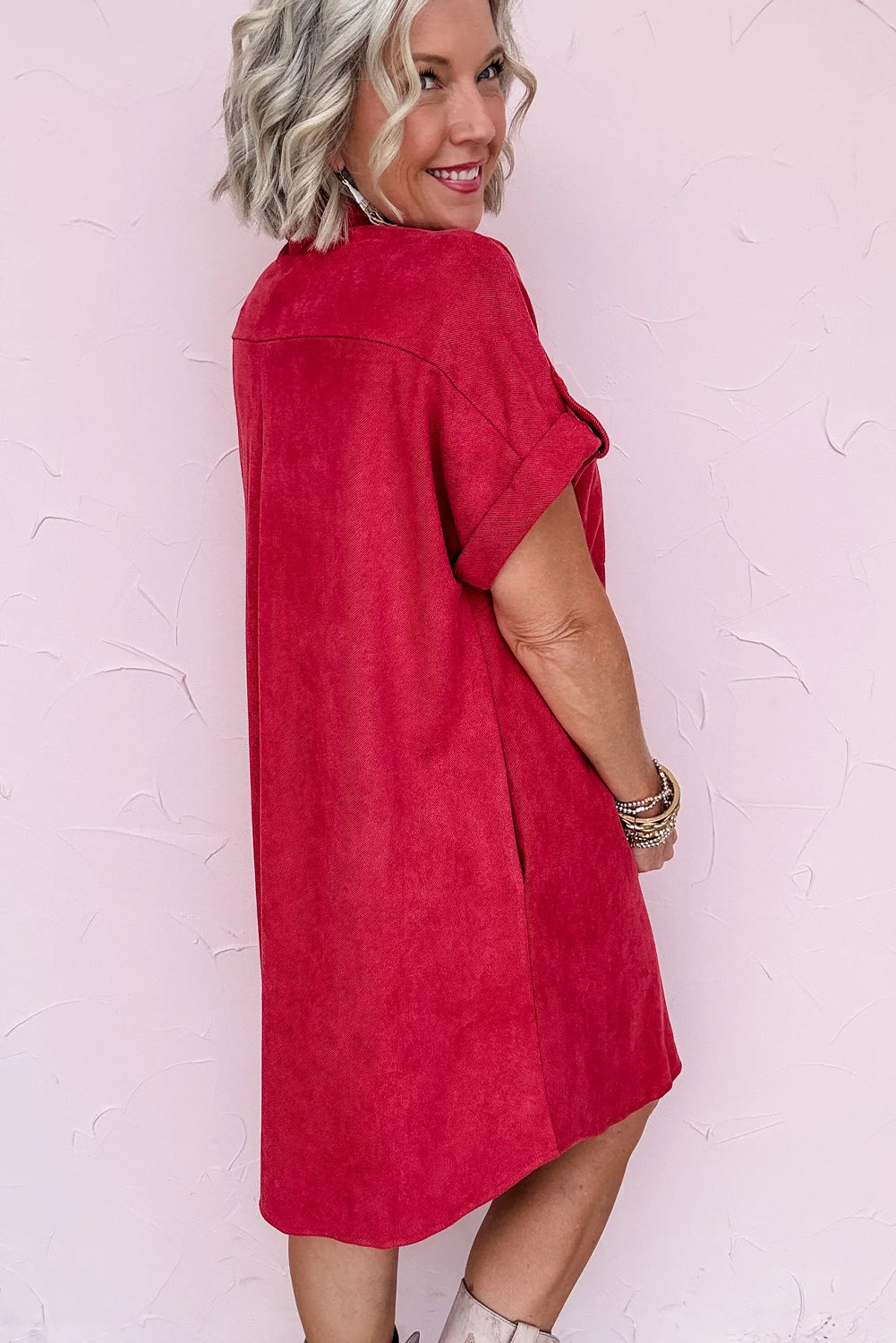 Fiery Red Roll-tab Short Sleeve Patched Chest Pocket Shift Mini Shirt Dress