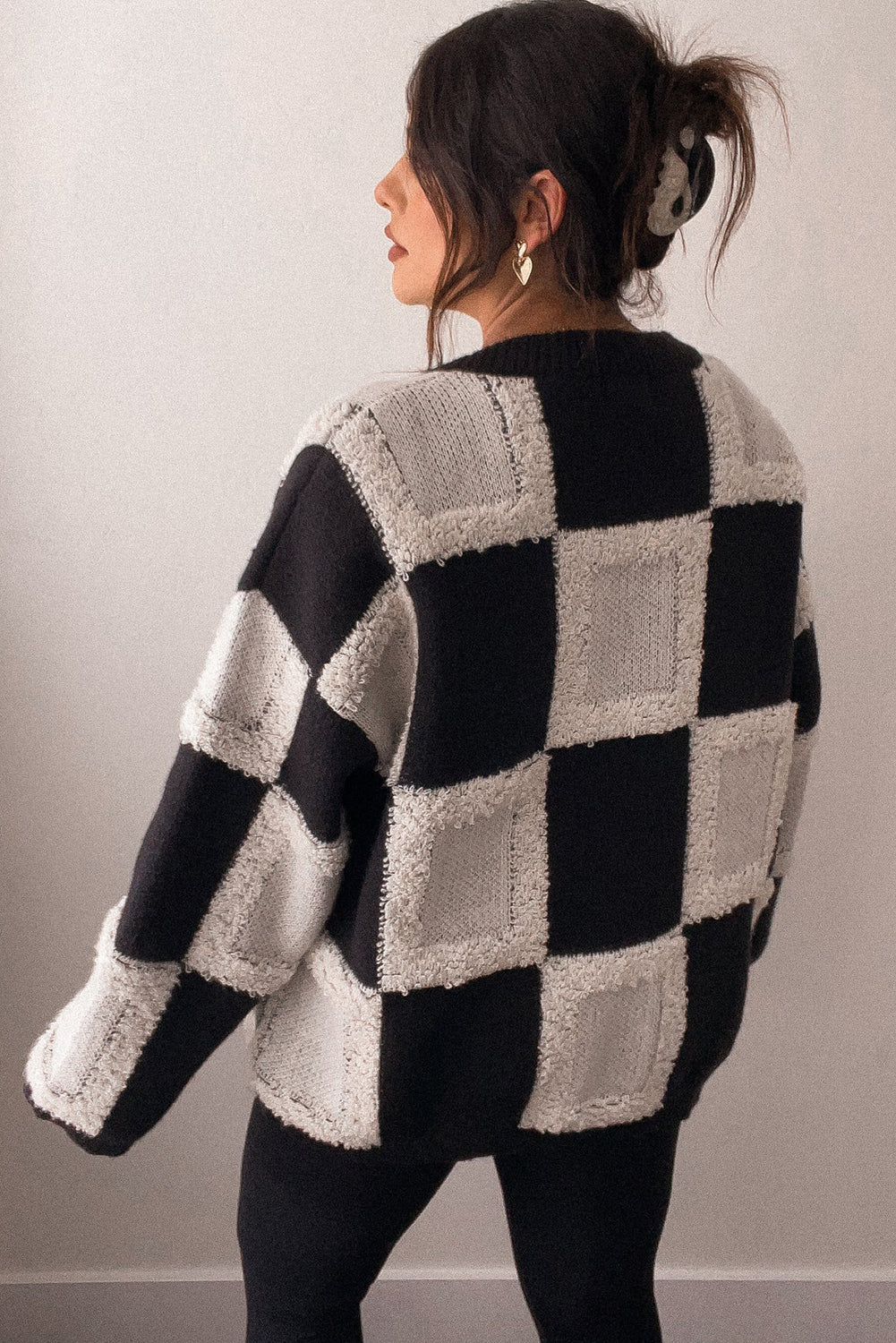 Black Checkered Buttoned V Neck Plus Size Cardigan