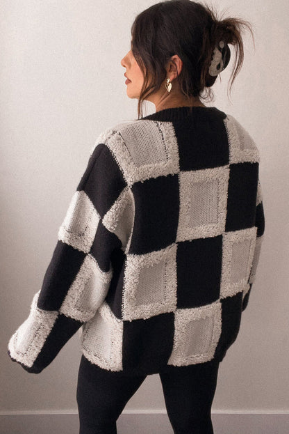 Black Checkered Buttoned V Neck Plus Size Cardigan