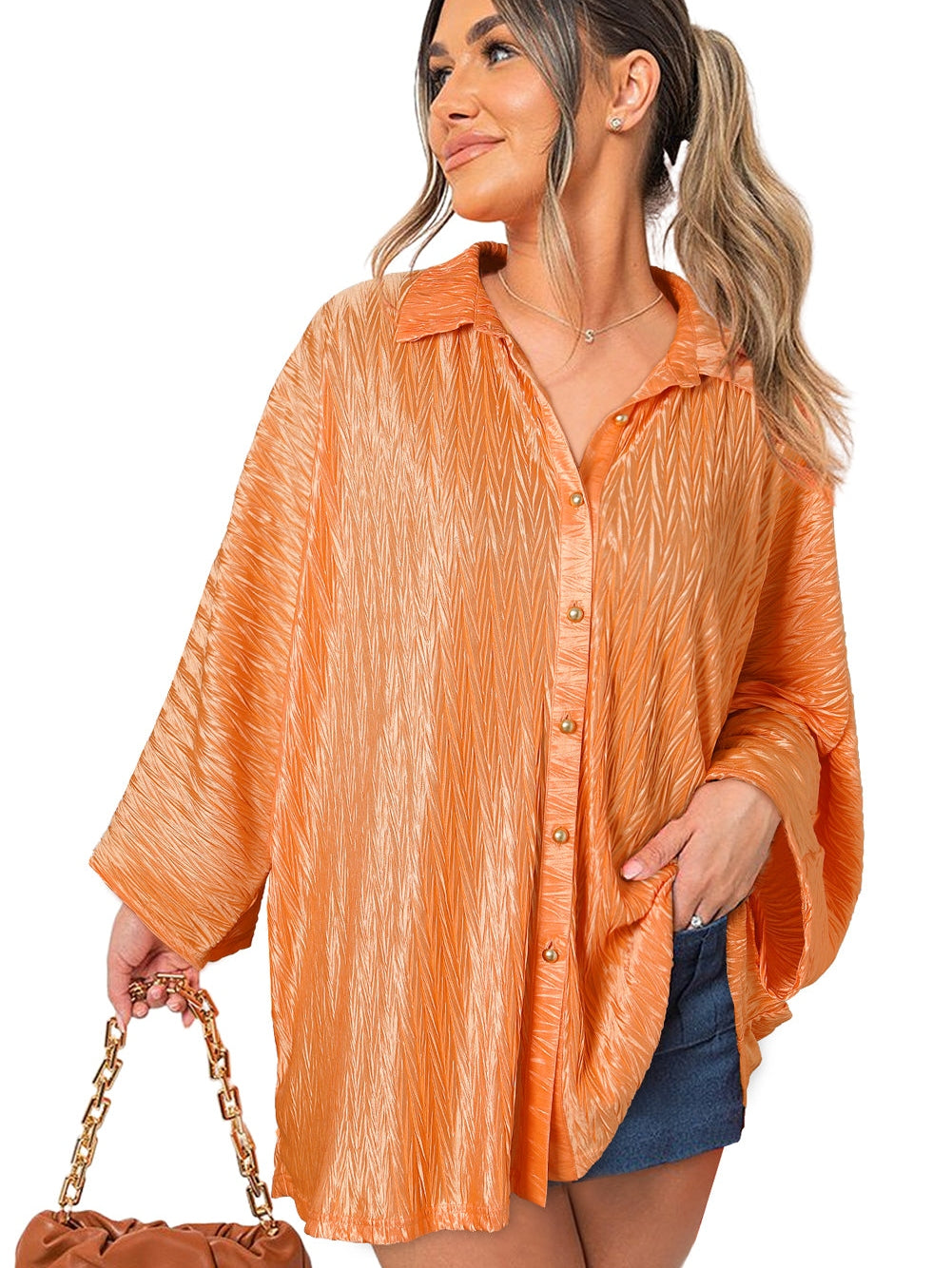Grapefruit Orange Crinkled Texture Button-up Blouse with Wide Sleeves