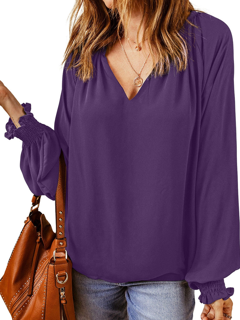 Elegant Purple Pleated V Neck Blouse with Puffy Sleeves