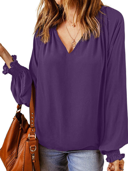 Elegant Purple Pleated V Neck Blouse with Puffy Sleeves