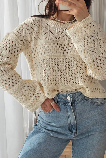 Beige Mix Pattern Hollow Out Knitted Casual Sweater