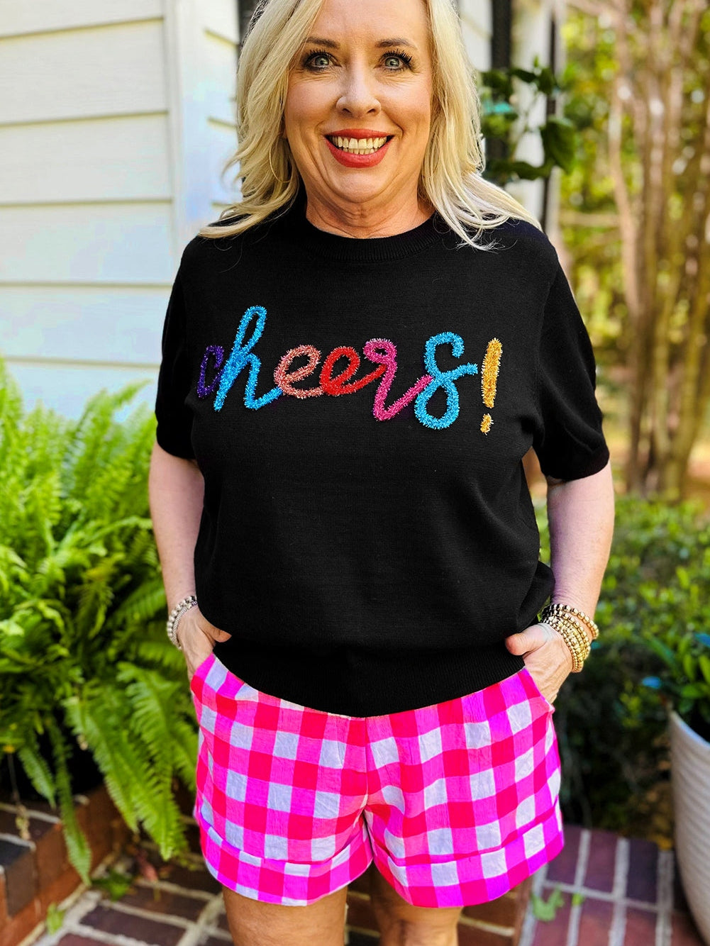 Sparkling Black Glitter Tinsel Cheers Plus Size Short Sleeve Sweater