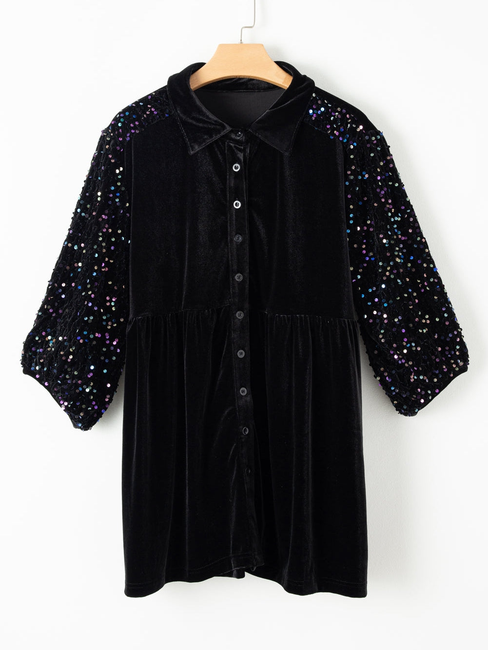 Elegant Black Velvet Peplum Shirt with Sequin Detail