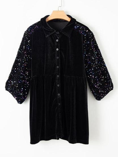 Elegant Black Velvet Peplum Shirt with Sequin Detail