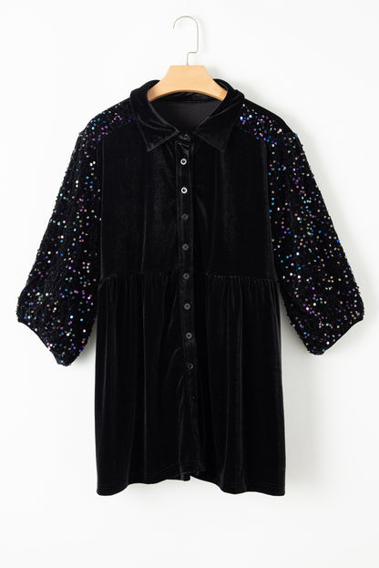 Black Sequin Puff Sleeve Buttoned Velvet Peplum Shirt