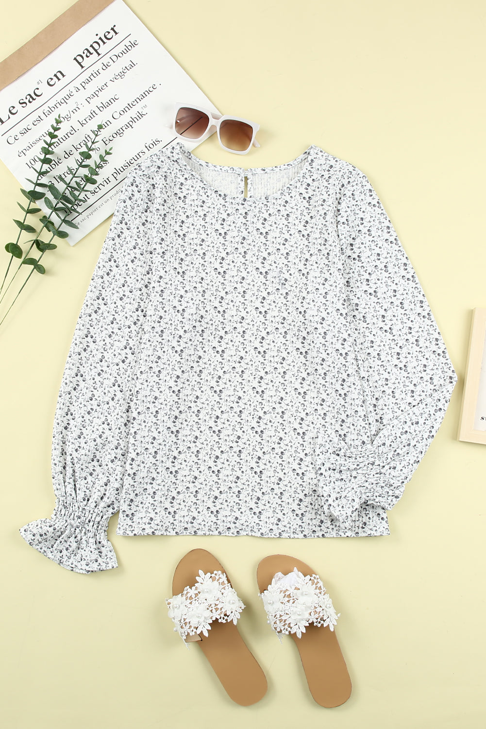 Floral Print Bubble Sleeve Black Blouse with Crinkle Texture