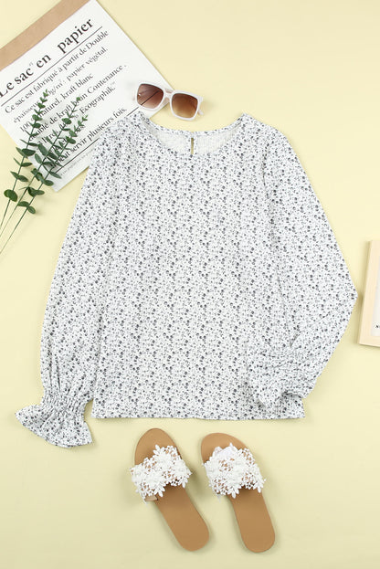 Floral Print Bubble Sleeve Black Blouse with Crinkle Texture