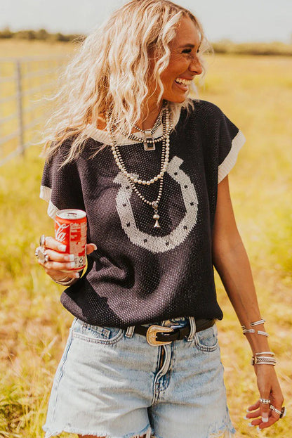 Black Horse Shoe Pattern Contrast Trim Short Sleeve Sweater