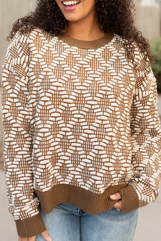 Khaki Patterned Knit Round Neck Sweater