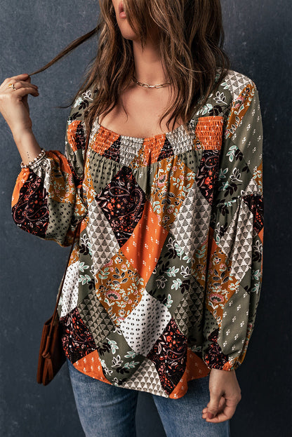 Green Floral Square Neck Boho Blouse