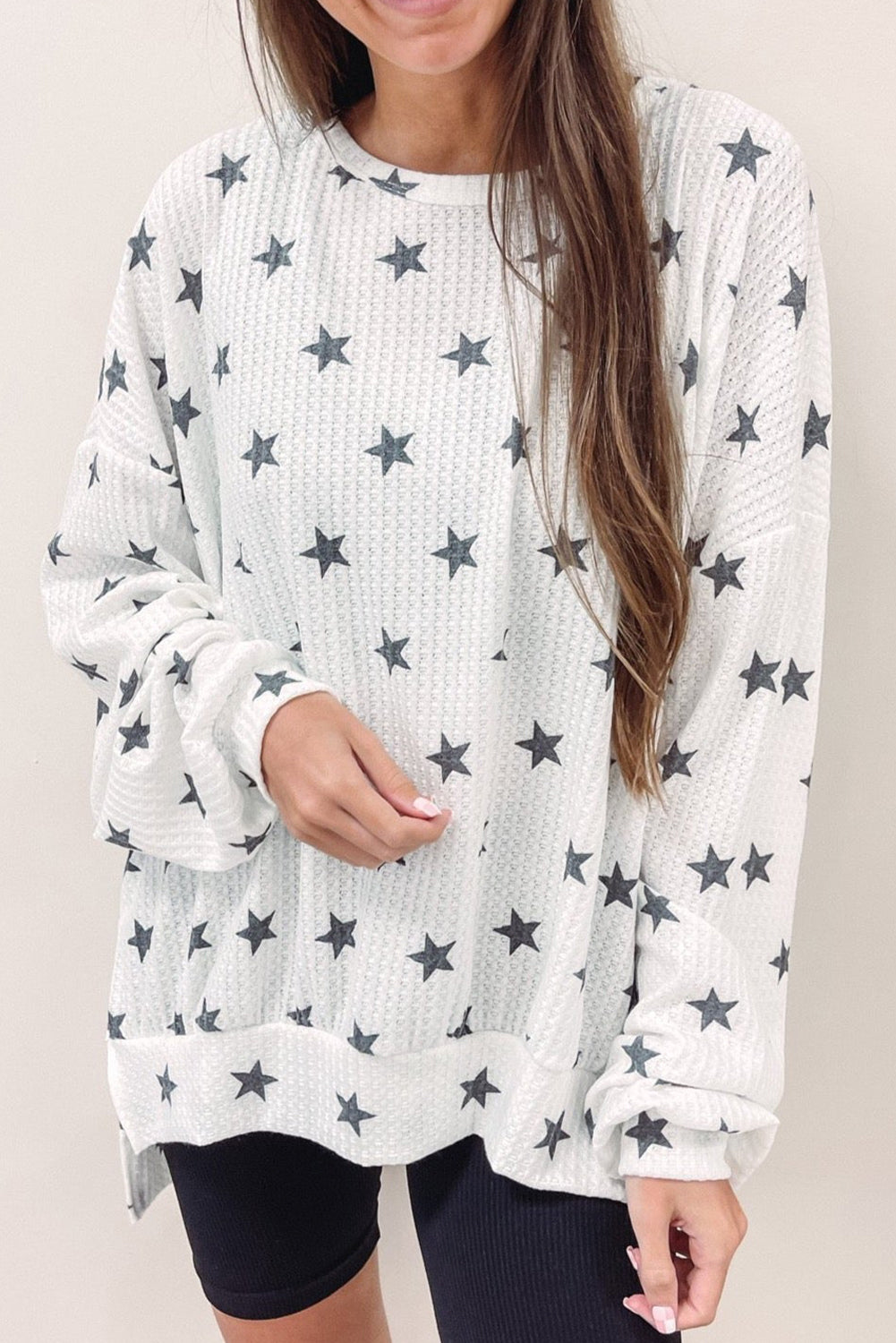White Star Print Waffle Loose Pullover Top