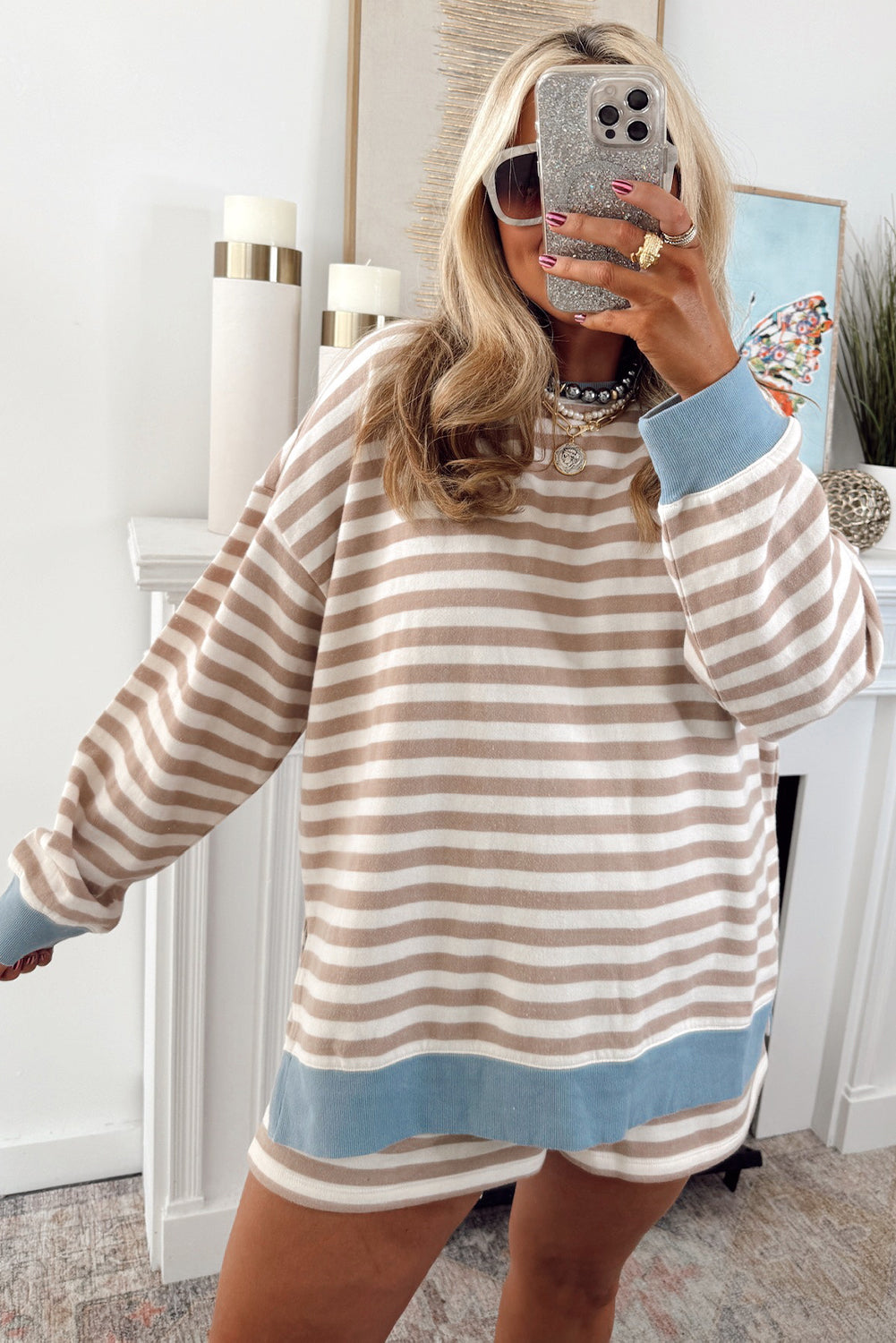 Khaki Stripe Contrast Edge Drop Shoulder Pullover and Shorts Plus Size Set