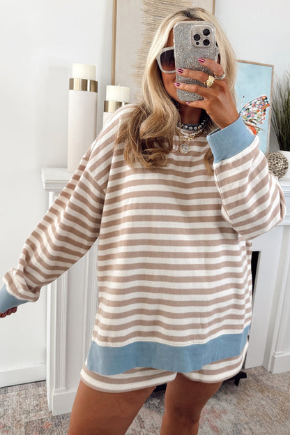 Khaki Stripe Contrast Edge Drop Shoulder Pullover and Shorts Plus Size Set