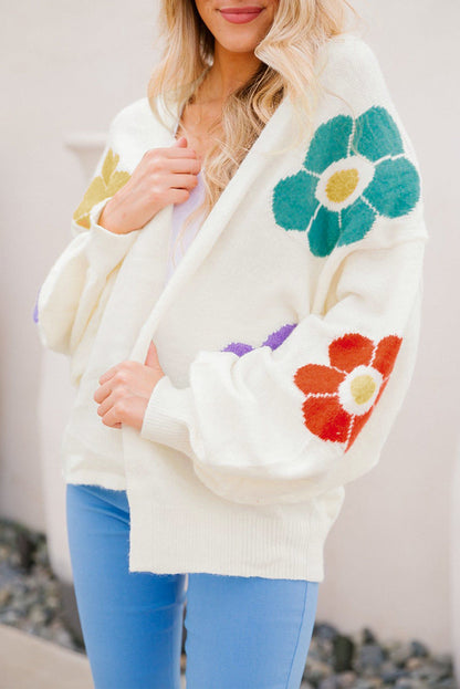 Elegant White Floral Jacquard Bubble Sleeve Knit Cardigan