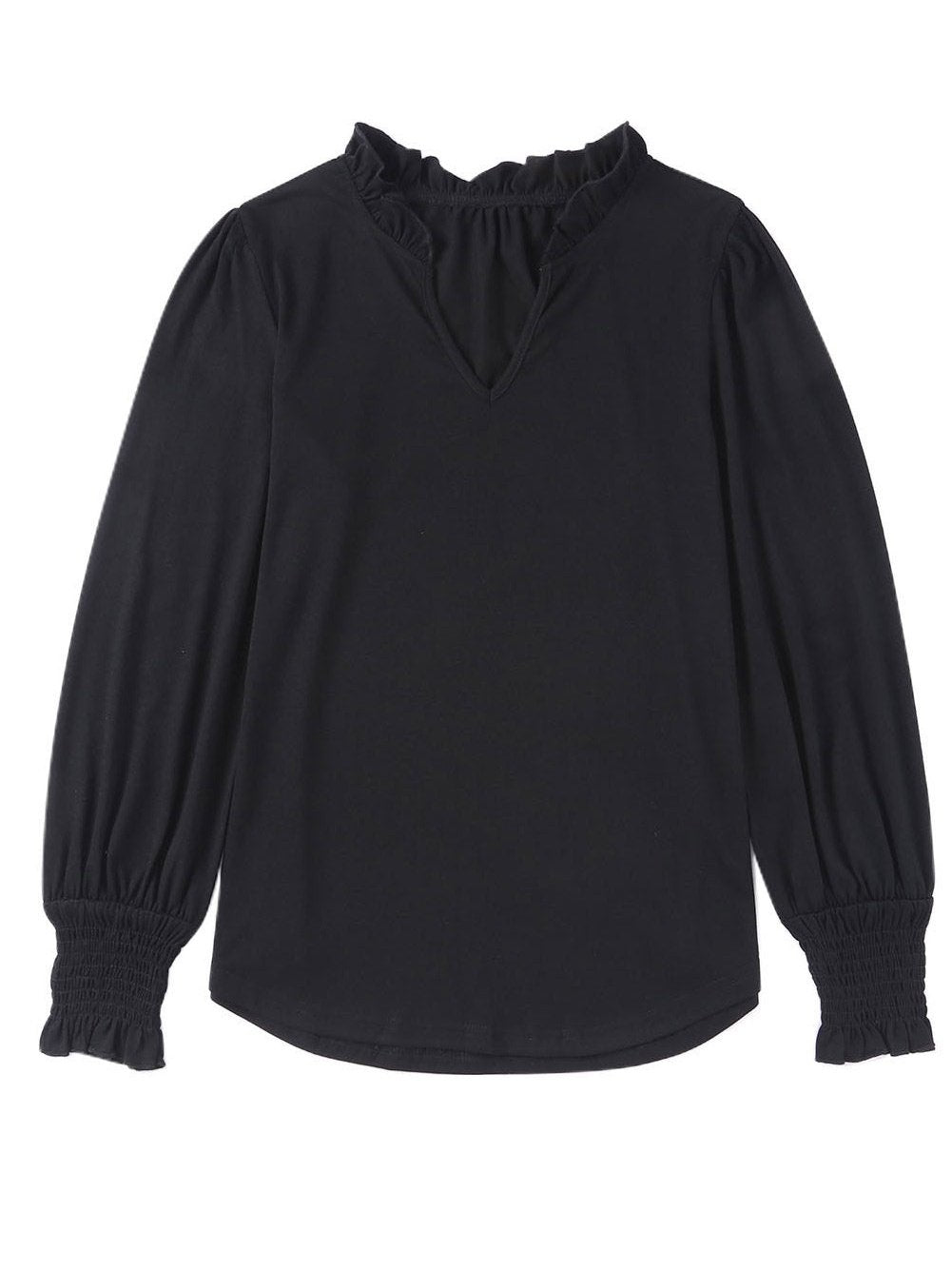 Elegant Black V Neck Top with Puff Long Sleeves