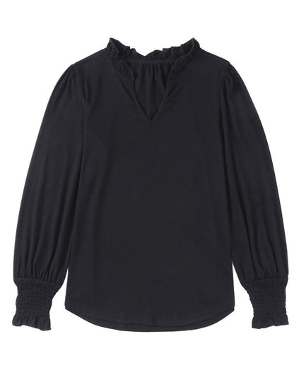Elegant Black V Neck Top with Puff Long Sleeves