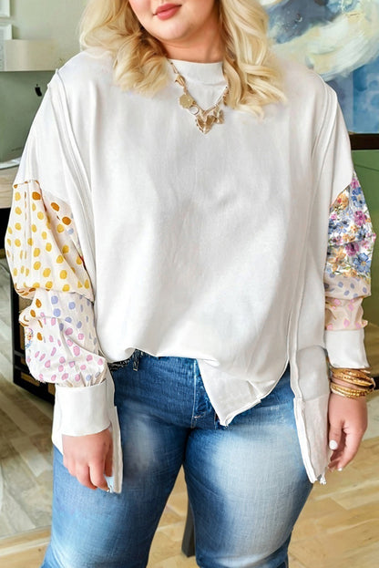 White Plus Size Exposed Seam Detail Contrast Dot Floral Patchwork Sleeve Sweatshirt