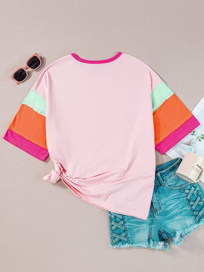 Sweet Pink Color Block Plus Size Tee with Half Sleeves