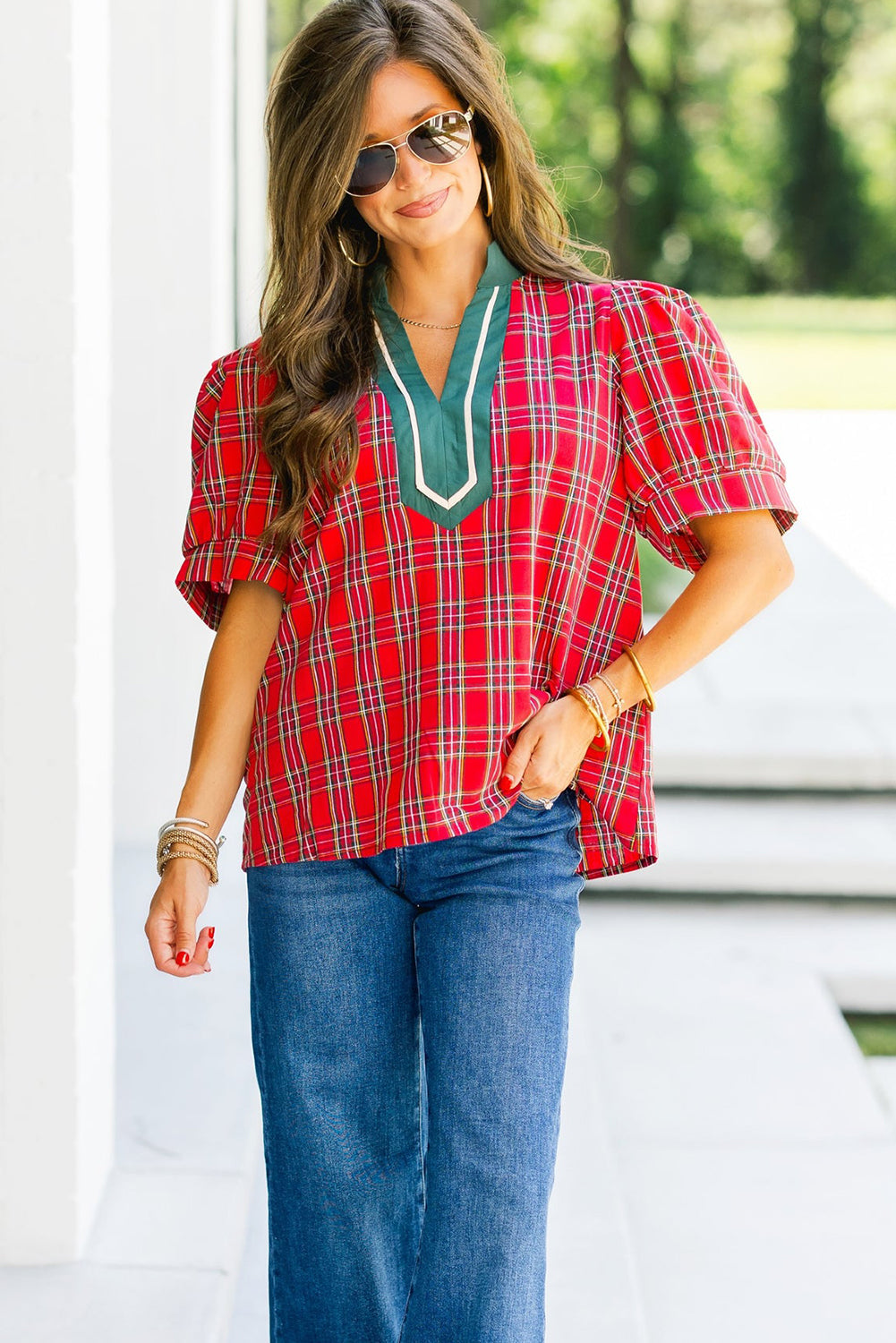 Red Plaid Print Contrast Trim V Neck Short Sleeve Blouse