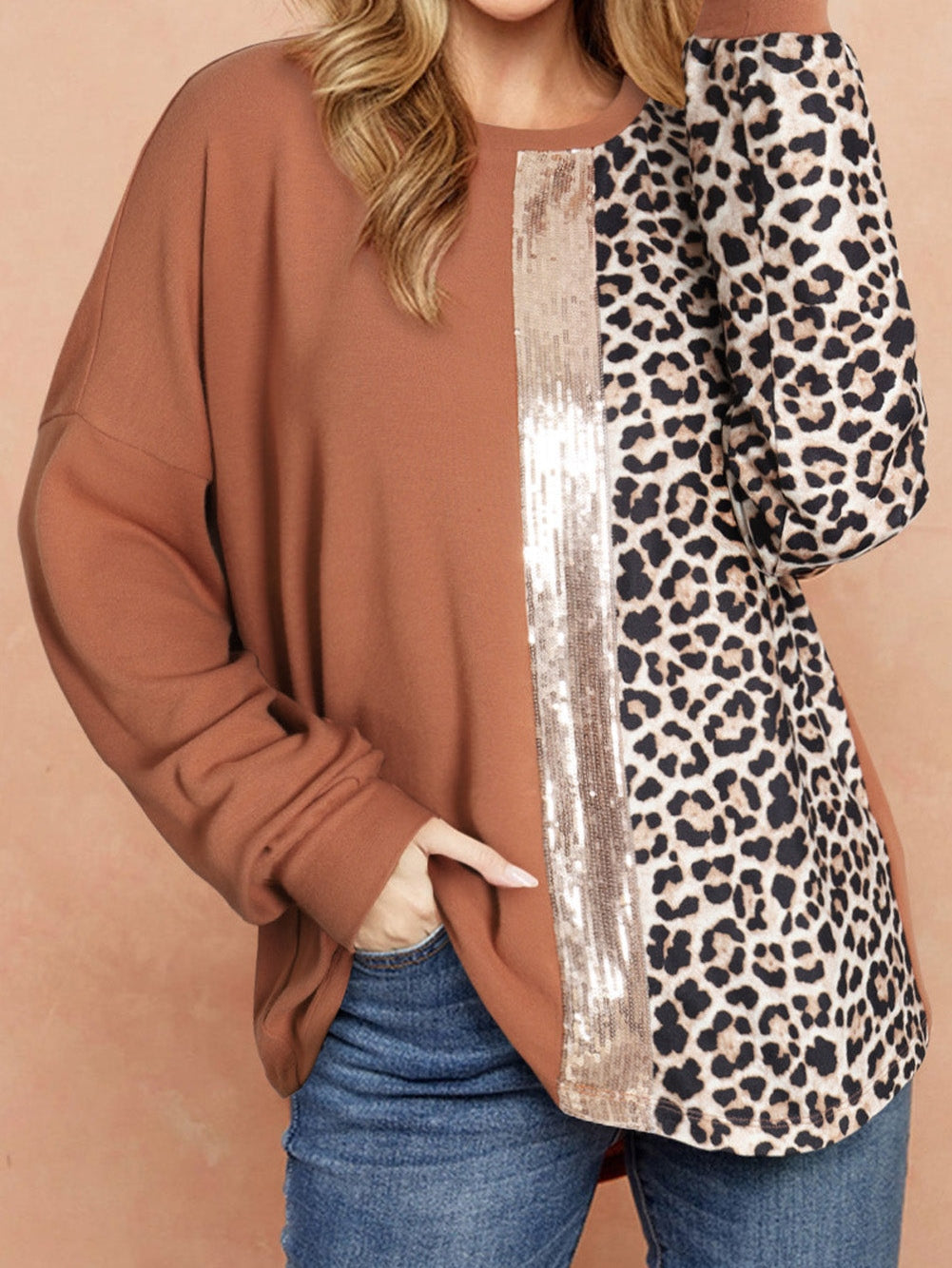 Golden Leopard Sequin Colorblock Long Sleeve Top