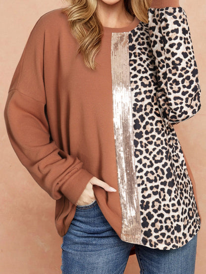 Golden Leopard Sequin Colorblock Long Sleeve Top