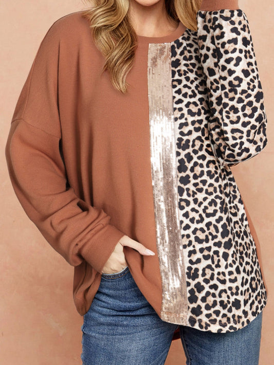 Golden Leopard Sequin Colorblock Long Sleeve Top