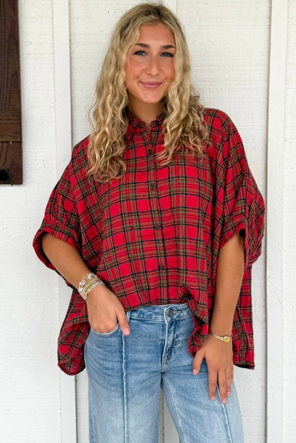 Fiery Red Retro Plaid Half Sleeve Loose Shirt