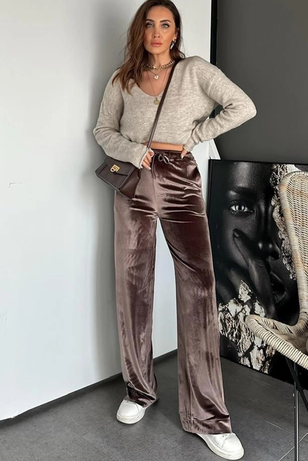 Goat Shiny Velvet Drawstring High Waist Straight Leg Casual Pants