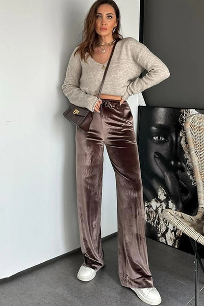 Goat Shiny Velvet Drawstring High Waist Straight Leg Casual Pants