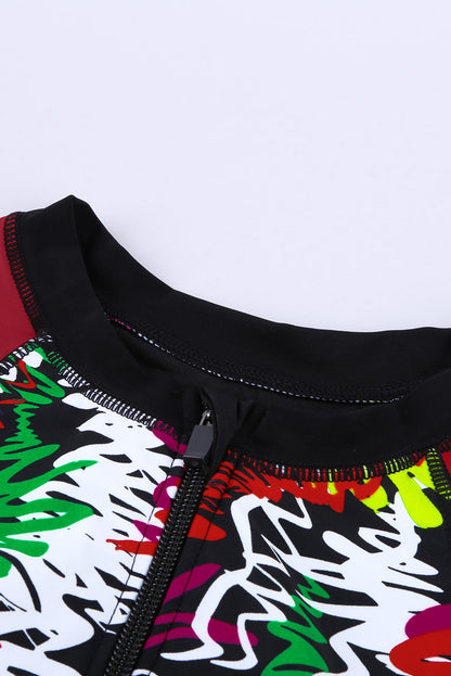 Flaming Red Blossom Striped Patchwork Rashguard One-piece Swimwear