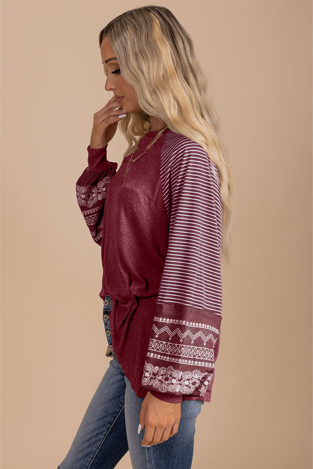 Burgundy Contrast Print Striped Raglan Long Sleeve Loose Top