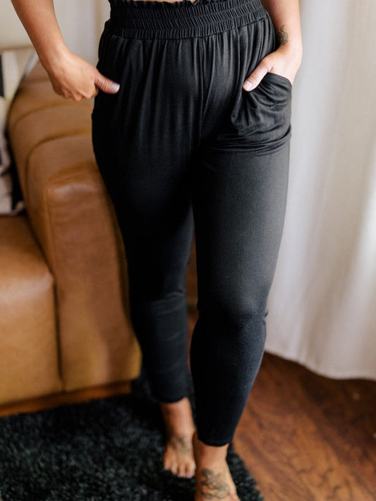 Elegant Black Plus Size High Waist Frilled Soft Pants with Pockets