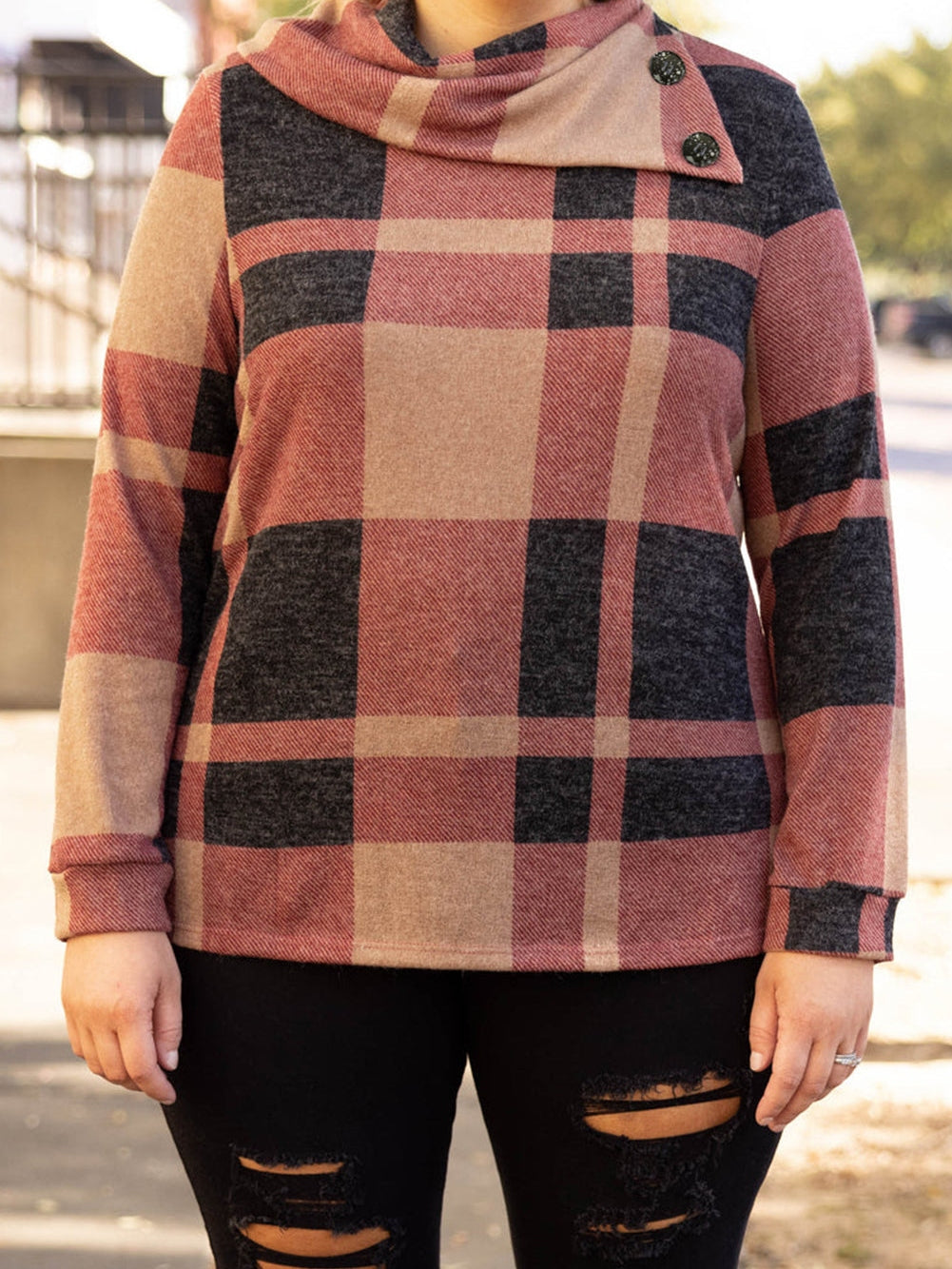 Mineral Red Geometric Print Plus Size Long Sleeve Collared Top
