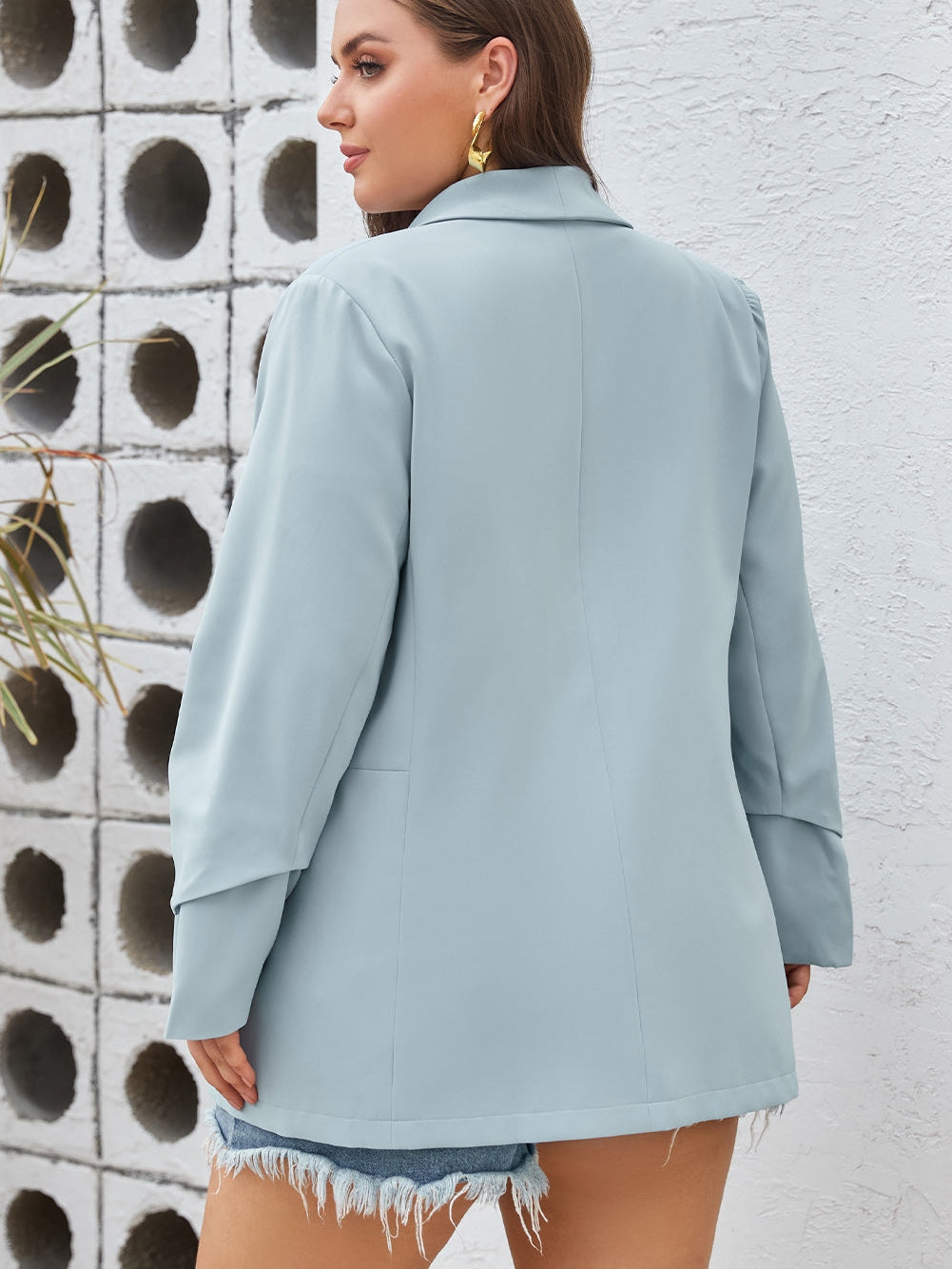 Sky Blue Plus Size Soft Lightweight Pocketed Lapel Blazer