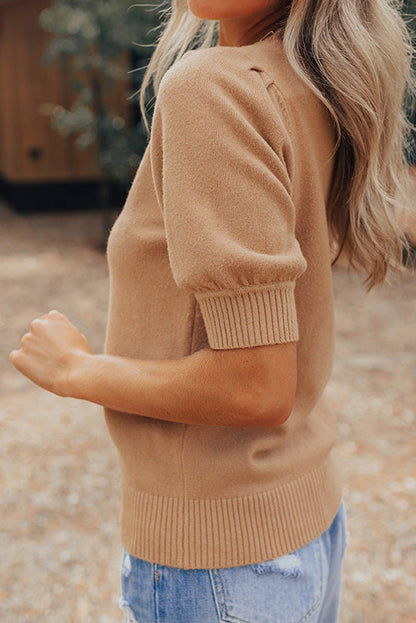 Light French Beige Solid Color Knit Short Puff Sleeve Sweater