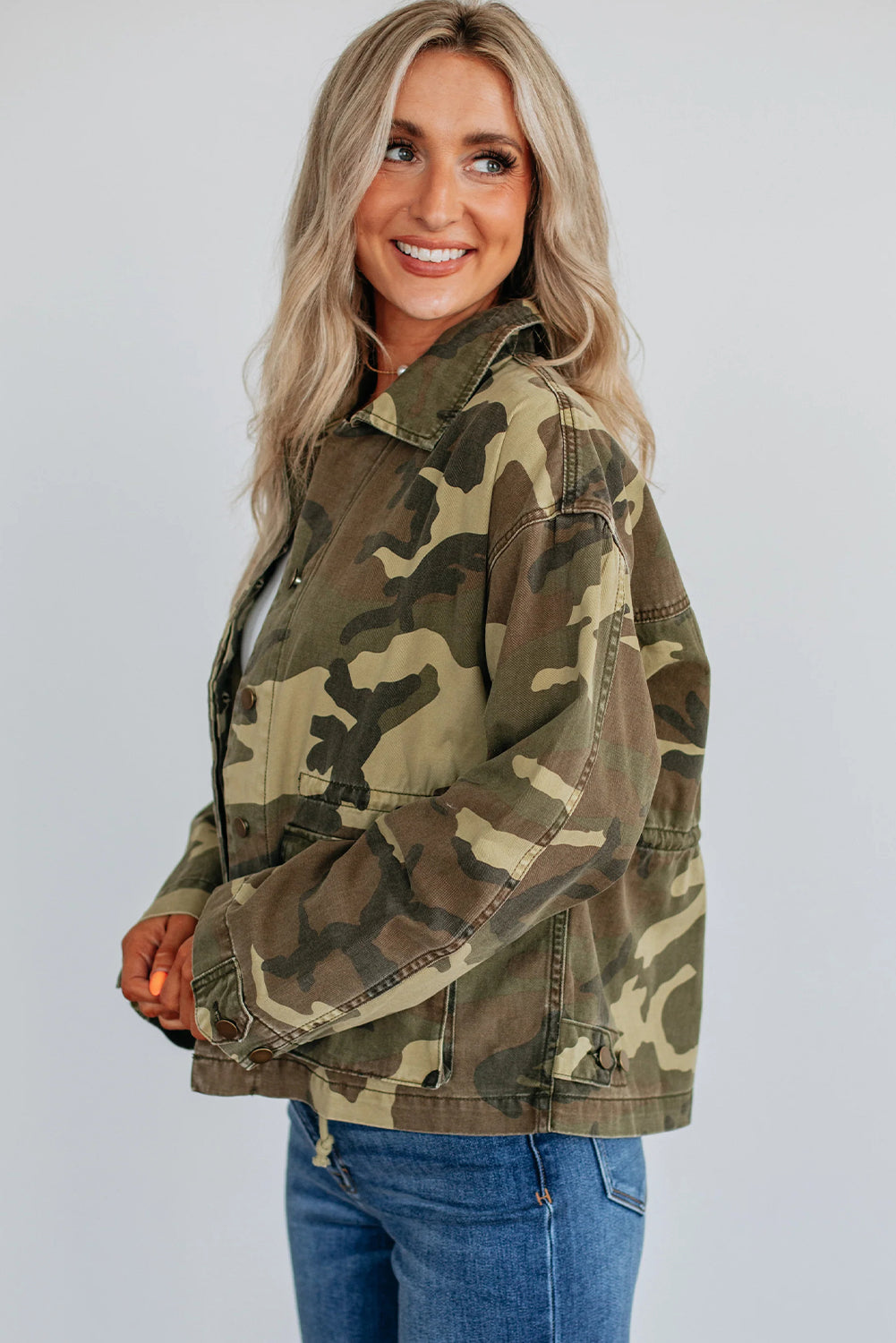 Green Retro Camouflage Print Flap Pocket Button Down Denim Jacket
