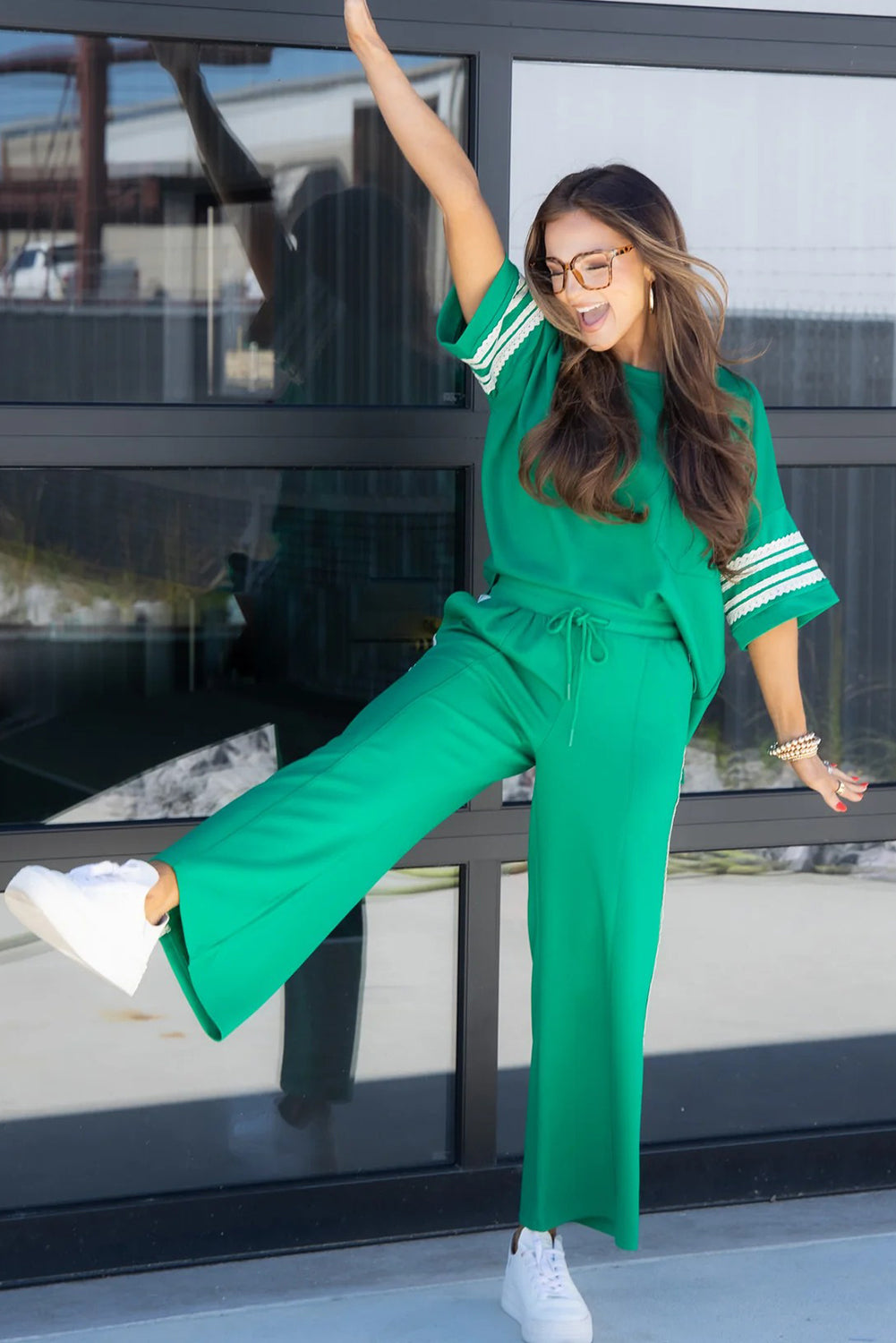 Sea Green Contrast Lace Detailing Half Sleeve Top and Pants Matching Set