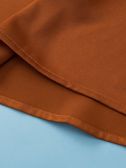 Chestnut Frilled Split Neck Plus Size Satin Blouse