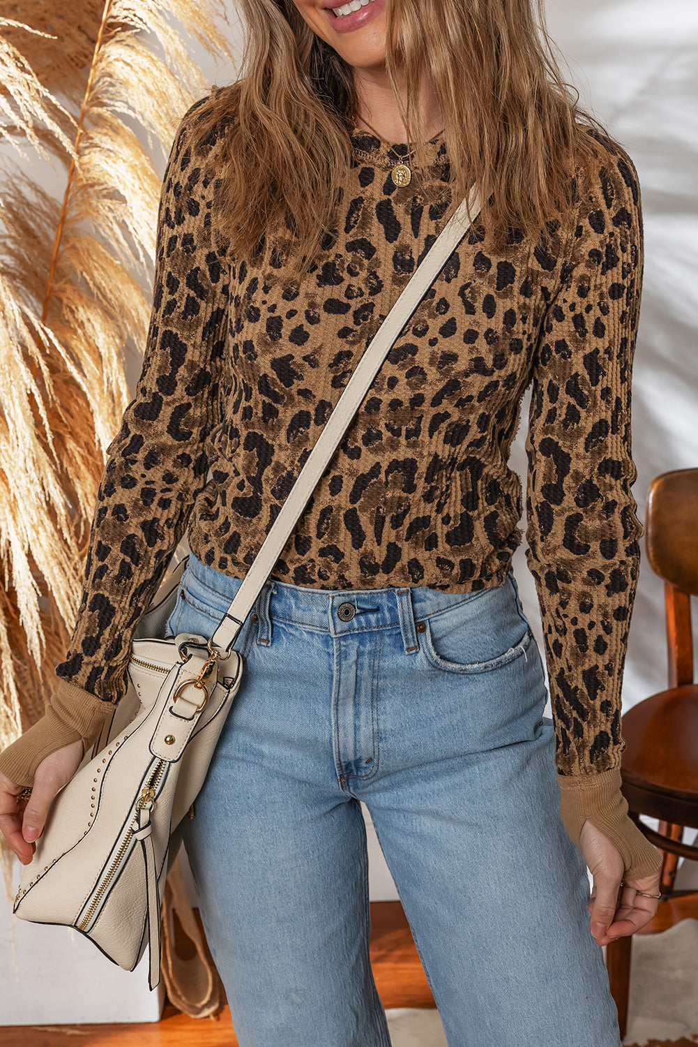 Khaki Leopard Thumb Hole Slim Long Sleeve Tee
