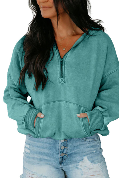 Canton Half Zip Kangaroo Pocket Mineral Wash Baggy Hoodie