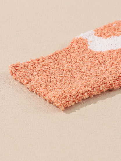 Grapefruit Orange Floral Knit Drop Shoulder Sweater with Fuzzy Texture