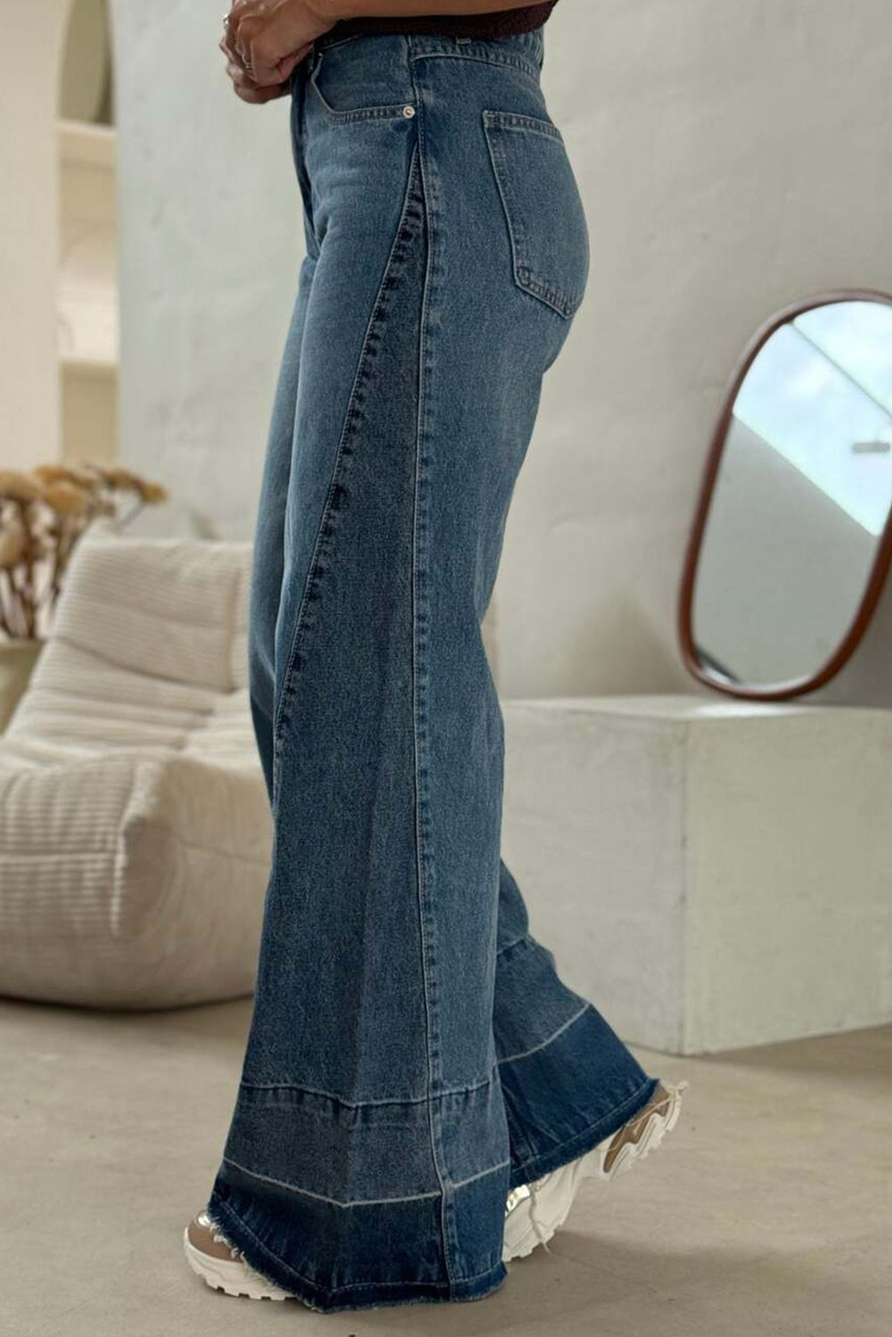 Dusk Blue Playful Botton Patchwork Seam Detail Wide Leg Jeans
